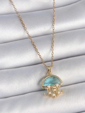 Erb 316L Çelik Gold Renk Mavi Taşlı Deniz Anası Model İnci Detay Kadın Kolye