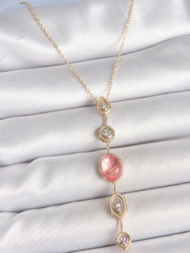 Erb Pirinç Zincir Pembe Gold Renk Zirkon Taşlı Y Kolye
