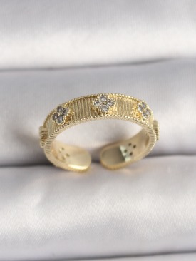 Erb Pirinç Gold Renk Zirkon Taşlı Yonca İşlemeli Ayarlanabilir Yüzük