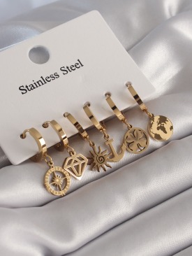 Erb 316L Çelik Gold Renk Çoklu Figür Model Kadın Küpe Seti