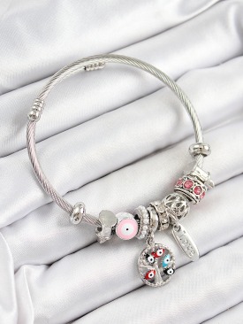 Erb 316L Çelik Pembe Nazarlı Zirkon Taşlı İnci Detaylı Hayat Ağacı Model Gümüş Renk Charm Bileklik