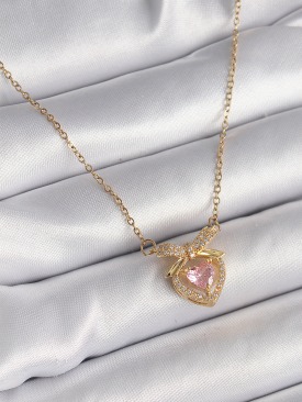 Erb 316L Çelik Gold Renk Zincir Pembe Zirkon Taşlı Kalp Figür Kadın Kolye