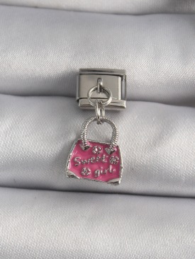 Erb 316L Çelik Gümüş Renk Sallantı Pembe Çanta Model Nomination Charm