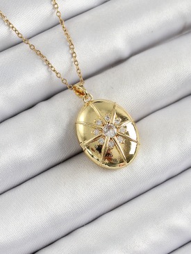 Erb 316L Çelik Zincir Açılabilir Madalyon Model Zirkon Taşlı Gold Renk Kadın Kolye