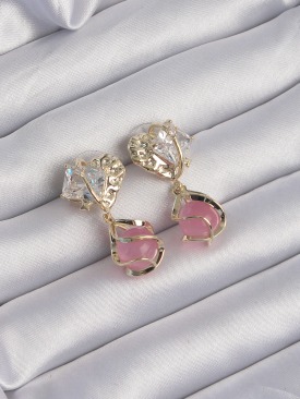 Erb Pirinç Gold Renk Zirkon Taşlı Pembe Küre Tasarımlı Küpe
