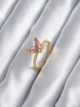 Erb Gold Renk Pembe Zirkon Taşlı Kelebek Model Kadın Yüzük