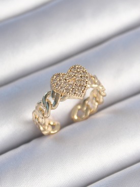 Erb Pirinç Gold Renk Zincir Kordon Zirkon Taşlı Kalp Model Kadın Yüzük