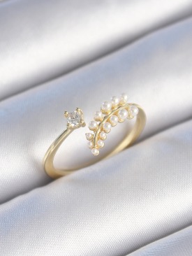 Erb Pirinç Gold Renk Zirkon Taşlı İncili Yaprak Model Kadın Yüzük
