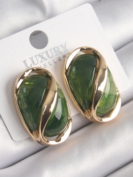 Erb Pirinç Gold Renk Yeşil Oval Vintage Kadın Küpe