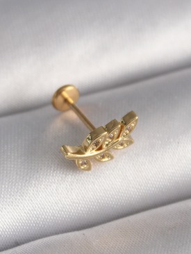 Erb 316L Çelik Gold Renk Zirkon Taş Detaylı Yaprak Model Tragus Piercing
