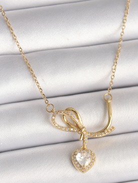 Erb 316L Çelik Gold Renk Zincir Zirkon Taşlı Düğüm Sallantı Kalp Model Kadın Kolye