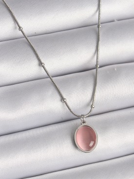 Erb 316L Çelik Gümüş Renk Pembe Kedi Gözü Sedefli Oval Model Kadın Kolye