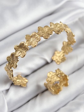 Erb Pirinç Çiçek Model Gold Renk Bileklik Yüzük Set