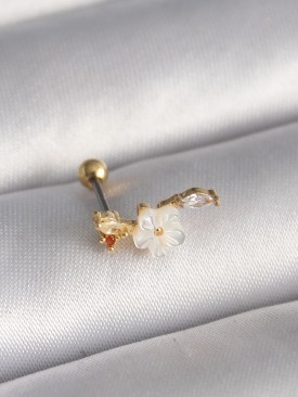 Erb 316L Çelik Gold Renk Zirkon Taş Detaylı Beyaz Çiçek Model Tragus Piercing
