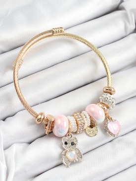 Erb 316L Çelik Pembe Zirkon Taşlı Ayıcık Ve Kalp Model Gold Renk Charm Bileklik