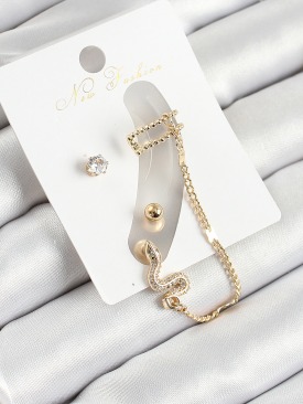 Erb Pirinç Yılan Figürlü Zirkon Taşlı Gold Renk 3\'lü Kıkırdak Kadın Küpe Set