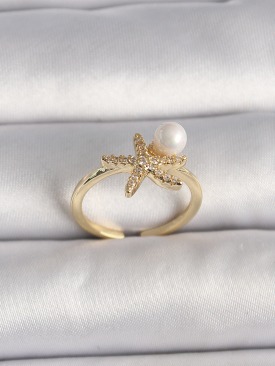 Erb Pirinç Gold Renk Zirkon Taşlı Deniz Yıldızı Model İnci Detay Ayarlababilir Yüzük