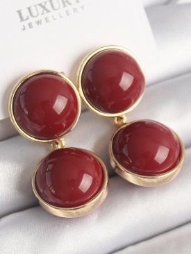 Erb Pirinç Gold Renk Sallantı Bordo Daire Model Kadın Küpe