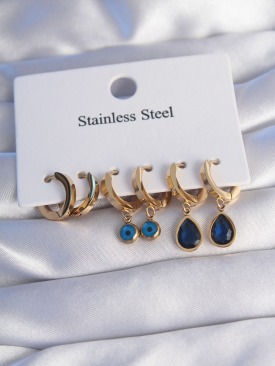Erb 316L Çelik Gold Renk Oval Tasarım Mavi Zirkon Taşlı Damla Model Küpe Seti