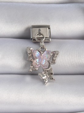Erb 316L Çelik Gümüş Renk Pembe Zirkon Taşlı Sallantılı Kelebek Model Nomination Charm