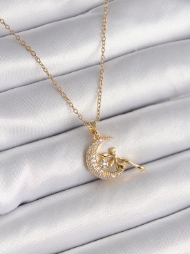 Erb 316L Çelik Gold Renk Zincir Zirkon Taşlı Peri Figür Kadın Kolye
