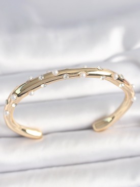 Erb Pirinç Gold Renk Zirkon Taşlı İncili Kadın Bilezik
