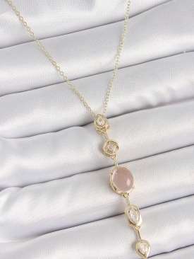 Erb 316L Çelik Gold Renk Zincir Zirkon Taşlı Pembe Mineli Y Model Dekolta Kadın Kolye