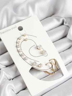 Erb 316L Çelik Kalp Figürlü Ve Zirkon Taşlı Gold Renk 7\'li Çift Kadın Küpe Set