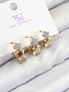 Erb Pirinç Zirkon Taşlı 3\'lü Halka Yıldız Model Gold Ve Gümüş Renk Kadın Küpe