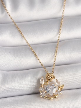 Erb 316L Çelik Gold Renk Zincir Zirkon Taşlı Kalp Model Gül Detay Kadın Kolye