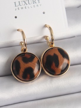 Erb Pirinç Gold Renk Leopar Desenli Daire Model Kadın Küpe