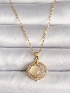 Erb 316L Çelik Gold Renk Zirkon Taşlı Sarı Sedefli Hilal Model Kadın Kolye