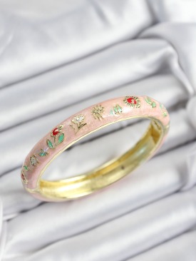 Erb Mineli Pirinç Pembe Çiçek Motifli Gold Renk Kadın Kelepçe