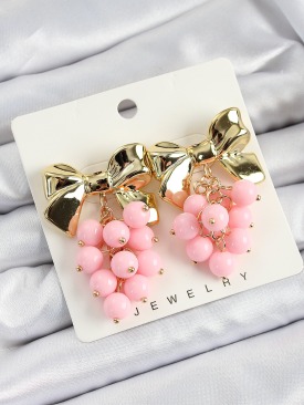 Erb Pirinç Sallantılı Pembe Boncuklu Fiyonk Vintage Model Gold Renk Kadın Küpe