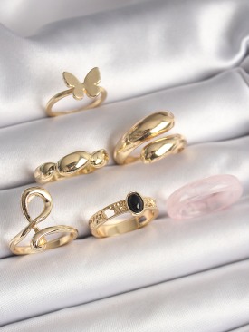 Erb Pirinç Gold Renk Kelebek Figür Sarmal Model 6\'Lı Kadın Yüzük Seti