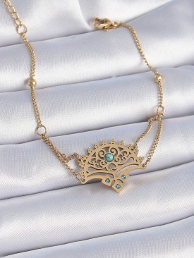 Erb 316L Çelik Gold Renk Mavi Taşlı Etnik Desen Kadın Bileklik