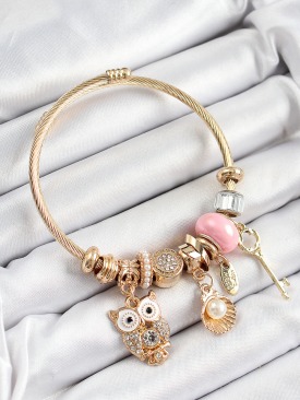 Erb 316L Çelik Pembe Zirkon Taşlı Baykuş İstiridye Ve Anahtar Model Gold Renk Charm Bileklik