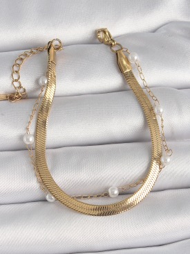Erb 316L Çelik Gold Renk 2\'Li İtalyan Zincir Model İnci Detay Kadın Bileklik