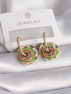 Erb Pirinç Gold Renk Pembe Yeşil Renkli Motif Model Kadın Küpe
