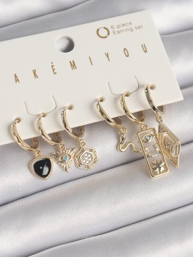 Erb Pirinç Gold Renk Zirkon Taşlı Çoklu Sallantı Figür VIP Seri Kadın Küpe Seti