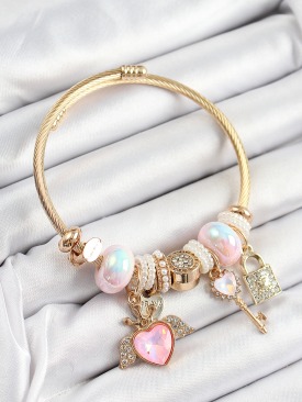 Erb 316L Çelik Pembe Zirkon Taşlı Kilit Anahtar Ve Kalp Model Gold Renk Charm BileklikCharm Bileklik