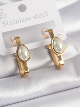 Erb 316L Çelik Gold Renk Kare Model İnci Damla Figürlü Kadın Küpe
