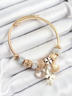 Erb 316L Çelik Beyaz Zirkon Taşlı Kalp Kelebek Ve İstiridye Model Gold Renk Charm Bileklik
