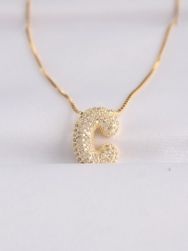 Erb 316L Çelik Zincirli Zirkon Taşlı C Harfli Gold Renk Bubble Kolye