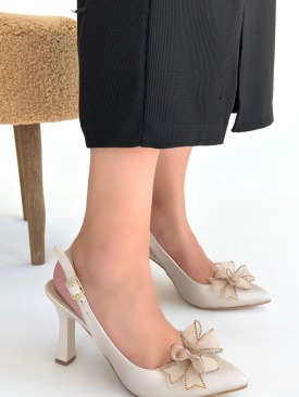 Mewi Bej Saten Topuklu Ayakkabı