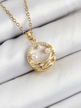 Erb 316L Çelik Zirkon Taşlı İnci Detaylı Halka Model Gold Renk Kadın Kolye