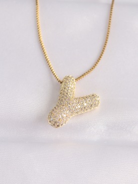Erb 316L Çelik Zincirli Zirkon Taşlı Y Harfli Gold Renk Bubble Kolye