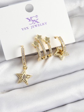 Erb Pirinç Zİrkon Taşlı Sallantılı Yıldız Model Gold Renk 3\'lü Kadın Küpe