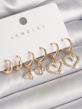 Erb Pirinç Gold Renk Sallantı Zirkon Taşlı Kalp Model Halka Detay Kadın Küpe Seti