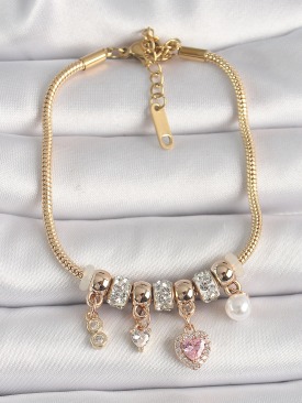 Erb 316L Çelik Gold Renk Zincir Zirkon Taşlı Sallantı Kalp Model İnci Detay Charm Kadın Bileklik